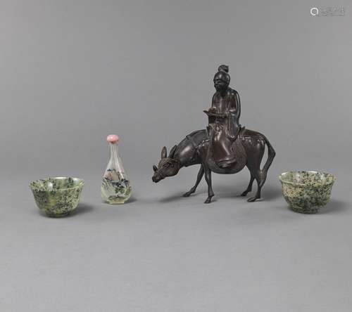 A BRONZE FIGURE OF A SCHOLAR ON A DONKEY, A PAIR OF GREEN BO...