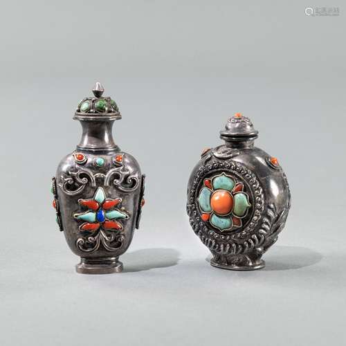 TWO STONE- AND CORAL- INLAID SILVER SNUFFBOTTLES