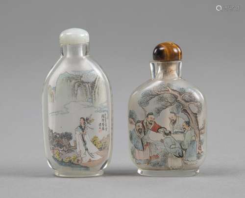 TWO INSIDE PAINTED GLASS SNUFFBOTTLES DEPICTING FIGURAL SCEN...