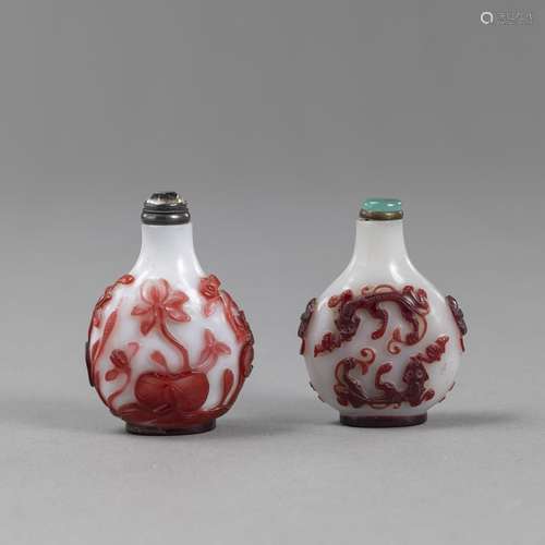 TWO LOTUS AND DRAGON RED OVERLAY GLASS SNUFFBOTTLES