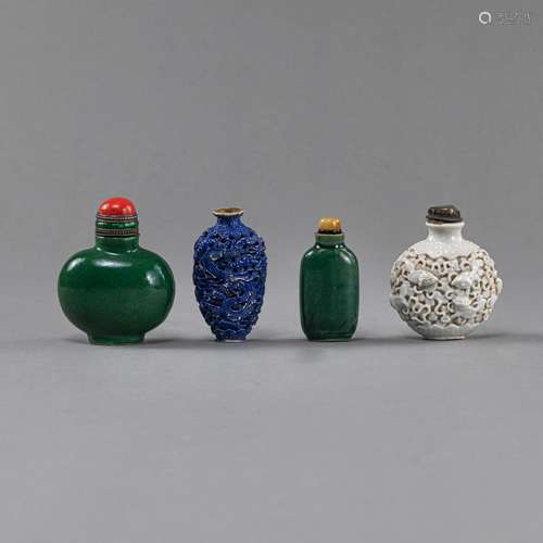 FOUR MONOCHROME PORCELAIN SNUFFBOTTLES