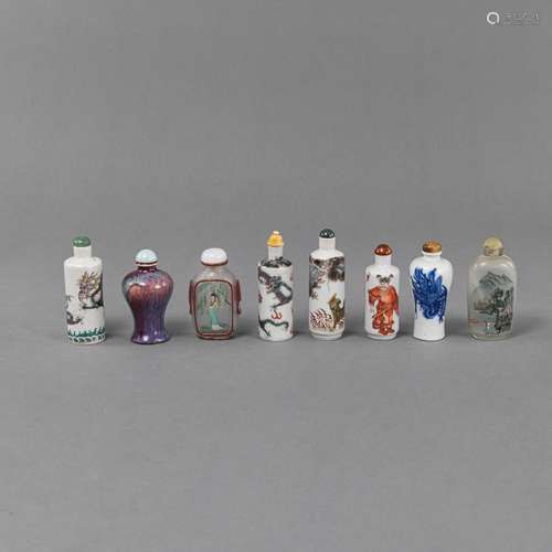 EIGHT PORCELAIN AND GLASS SNUFFBOTTLES