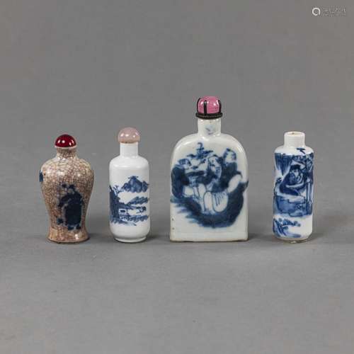 FOUR UNTERGLAZE BLUE PORCELAIN SNUFF BOTTLES WITH FIGURAL DE...