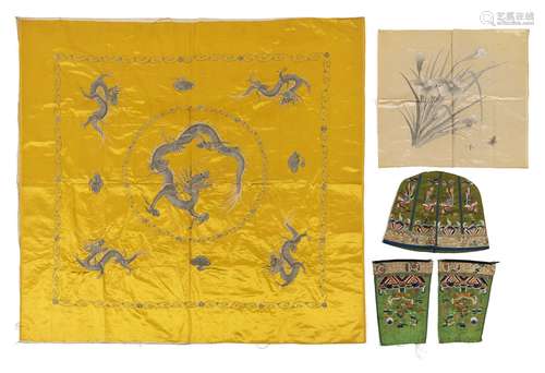 GROUP OF FIVE SILK EMBROIDERIES: TWO YELLOW-GROUND BLANKETS ...