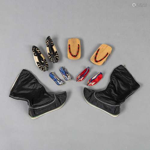 FOUR PAIRS OF CHINESE SHOES AND A PAIR OF JAPANESE GETA