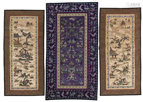 THREE FIGURAL AND FLORAL SILK EMBROIDERIES