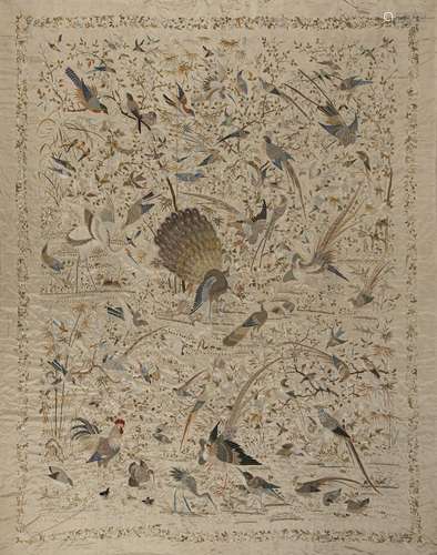 A LARGE SILK BIRDS EMBROIDERY WITH PEACOCK, CRANE, PHEASANT ...