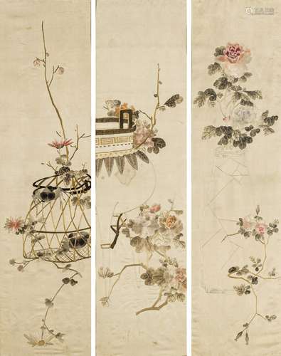 THREE SILK EMBROIDERIES WITH ANTIQUES AND FLOWER ARRANGEMENT...