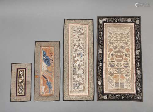 FOUR SILK EMBROIDERIES WITH FIGURAL AND FLOWER DECORATION