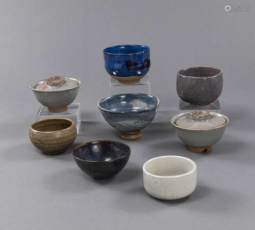 A GROUP OF SIX GLAZED POTTERY CHAWAN AND TWO BOWLS AND COVER...