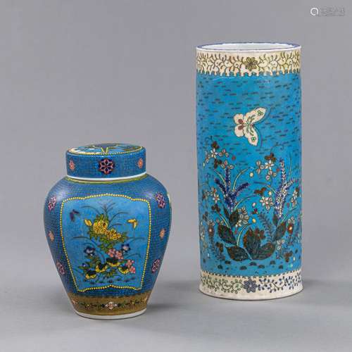 A CLOISONNÉ-DECORATED PORCELAIN VASE AND GINGER JAR