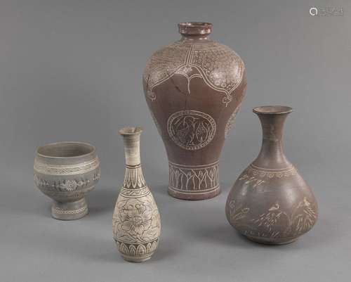 THREE INLAID CERAMIC VASES AND A STEMCUP