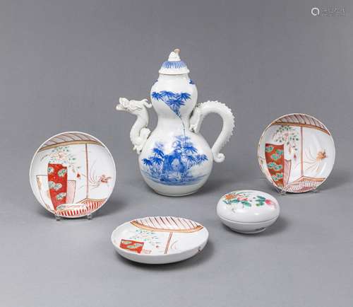 A HIRADO EWER WITH DRAGON SPOUT, THREE SMALL DISHES, AND A F...