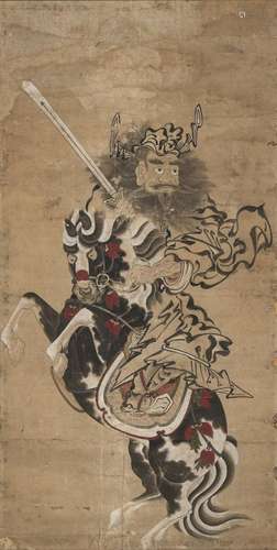 THE DEMON HUNTER SHÔKI HOLDING A SWORD ON A HORSE. INK AND C...