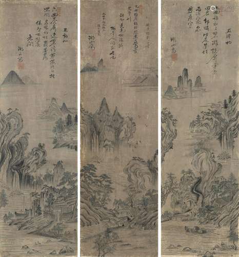 A SET OF THREE MOUNTAINOUS LANDSCAPE PAINTINGS, INK AND COLO...