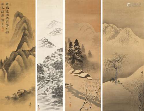 FOUR HANGING SCROLLS WITH MOUNTAIN LANDSCAPES IN WINTER ET A...