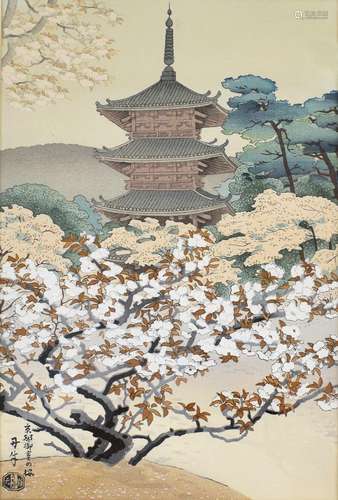 A COLOURED WOODBLOCK PRINT OF NINNAJI TEMPLE IN KYOTO