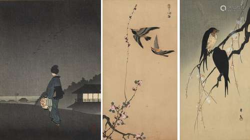 THREE WOODBLOCK PRINTS WITH BIRDS, OHARA KOSON ET AL.