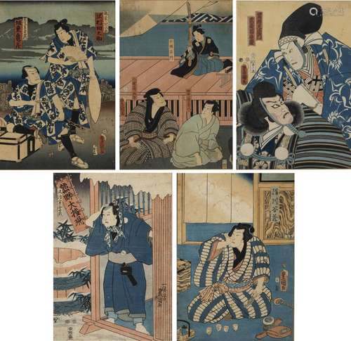 UTAGAWA KUNISADA (1786-1865): FIVE ÔBAN-TATE-E WITH THEATER ...