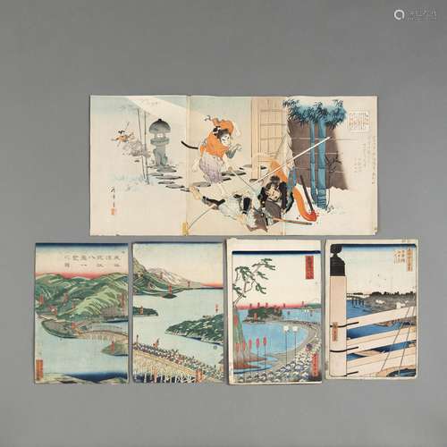 VARIOUS WOODBLOCK ARTISTS: A TRIPTYCH AND FOUR COLOUR WOODBL...