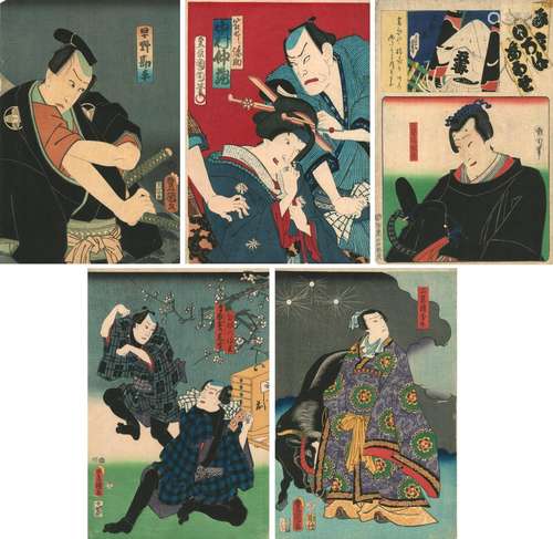 VARIOUS ARTISTS: FIVE COLOURED WOODBLOCK PRINTS BY UTAGAWA K...