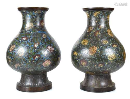 A PAIR OF LARGE CLOISONNÉ ENAMEL VASES WITH FLORAL DECORATIO...