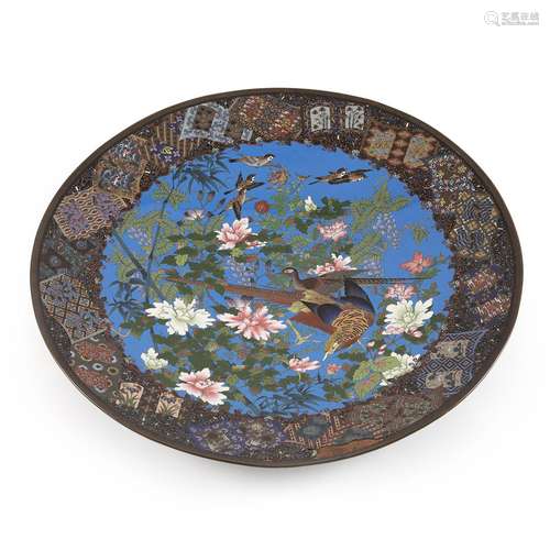 A LARGE CLOISONNÉ ENAMEL DISH, DECORATED WITH A PAIR PHEASAN...