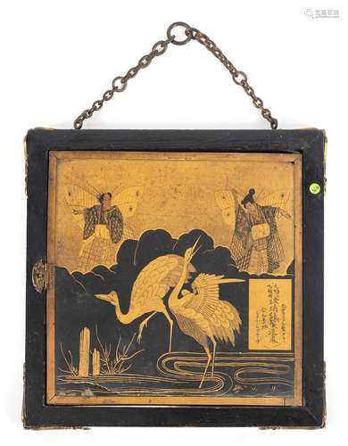 A FIGURAL AND CRANE DECORATED MIRROR BOX