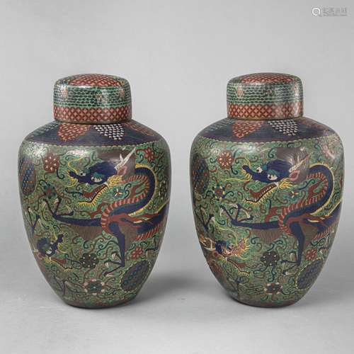 TWO LARGE CLOISONNÉ COVERED VASES WITH DRAGON DECORATION