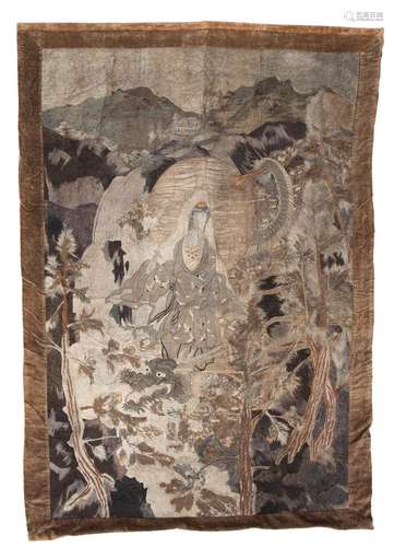 A SILK EMBROIDERED WALL HANGING WITH RYÛZU KANNON ON A DRAGO...