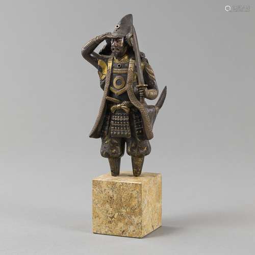 A BRONZE FIGURE OF AN ARMED SAMURAI, LOOKING INTO THE DISTAN...