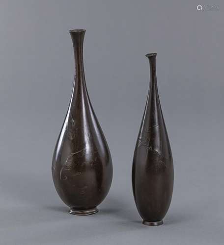 TWO WELL-CAST BRONZE VASES WITH CARPS OR BAMBOO IN RELIEF