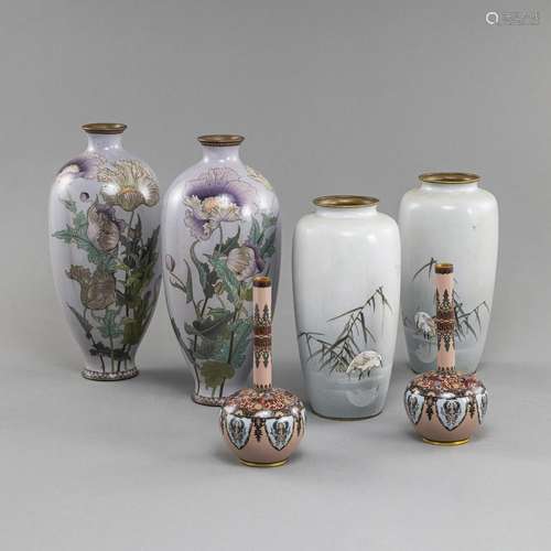 THREE PAIRS OF CLOISONNÉ VASES DECORATED WITH POPPIES, HERON...