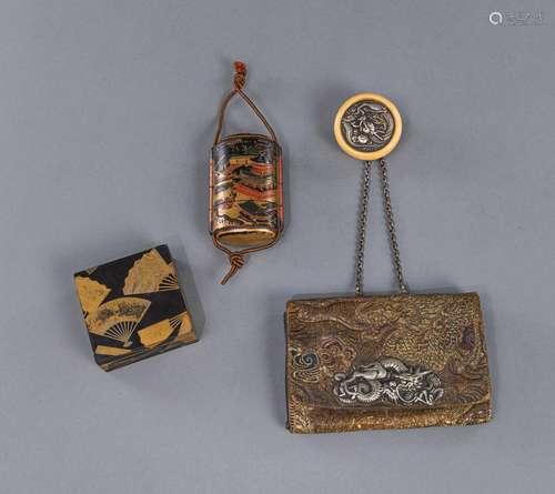 A FOUR-CASE COLOR-LACQUERED INRO WITH A DEPICTION OF A GARDE...