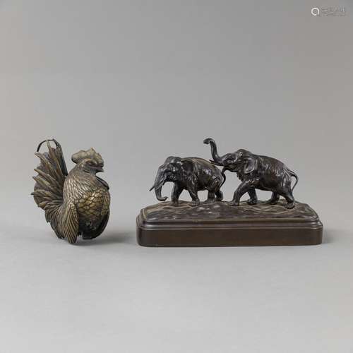 TWO BRONZES OF ELEPHANTS CROSSING THE RIVER AND A STANDING R...