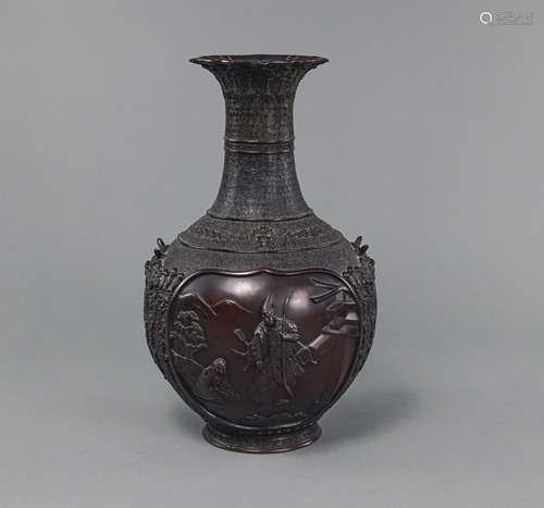 A FIGURES AND FLOWERS RELIEF BRONZE VASE