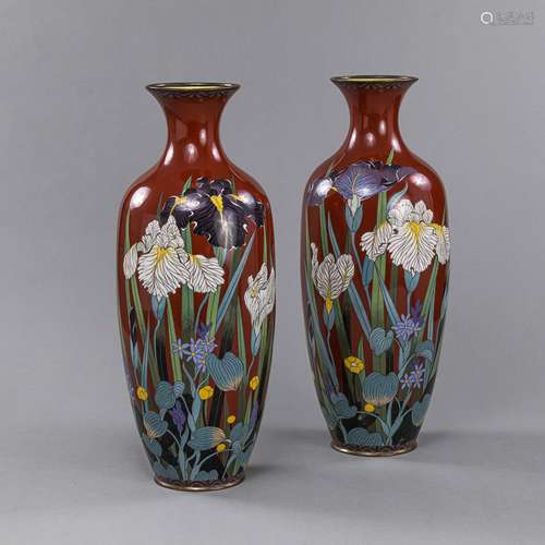 A PAIR OF RED-GROUND IRIS CLOISONNÉ VASES