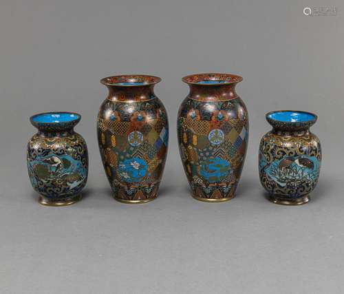 TWO PAIRS OF CLOISONNÉ CRANE AND GEOMETRIC PATTERN VASES