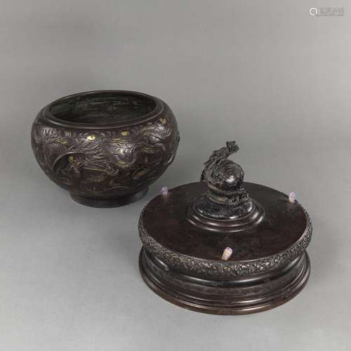 A BRONZE DRAGON AND PHOENIX CACHEPOT AND AN ADDITIONAL BRONZ...