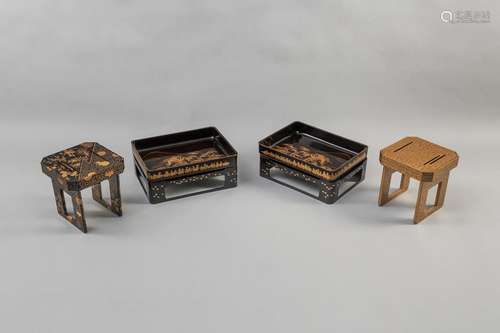 TWO LACQUER TRAYS AND TWO PRESENTATIONAL STANDS