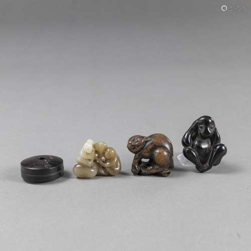 TWO NETSUKE AND A MANJU TOGETHER WITH A JADE CARVING OF MONK...