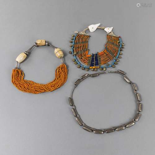 THREE NECKLACES WITH CORAL, SILVER, BONE O.A.