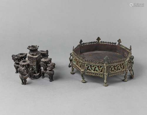 A BRONZE CENSER AND FIVE-PART CANDLESTICK