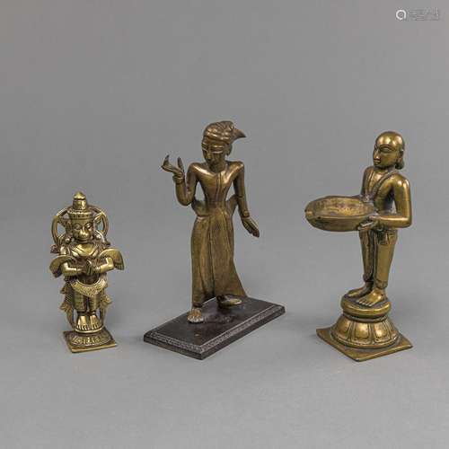 PARTIALLY INLAID BRONZE FIGURES, E.G. HANUMAN, AND AN OIL LA...