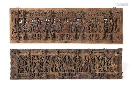 TWO HINDUISTIC DEITIES AND FIGURES IN RELIEF WOOD PANELS