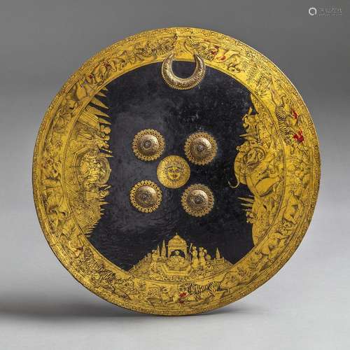 A ROUND GOLD- AND LACQUER-DECORATED SHIELD WITH COURT SCENES...