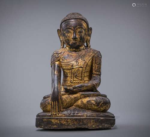 A LACQUER GILT STUCCO FIGURE OF SEATED BUDDHA IN MARAVIJAYA ...