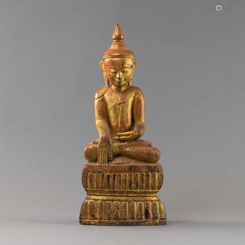 SEATED WOODEN FIGURE OF BUDDHA MARAVIJAYA WITH RED LACQUER A...