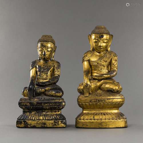 TWO SEATED WOODEN FIGURES OF BUDDHA WITH LACQUER GILDING