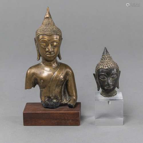 A BRONZE TORSO FRAGMENT AND HEAD OF BUDDHA